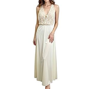 Vintage 70s nylon cream lace bodice racer back long maxi slip lingerie chemise S